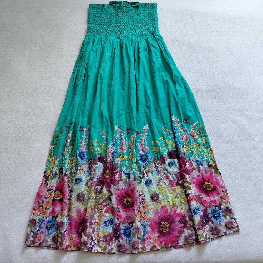 Fun Flirt By Jayna Smocked Floral Maxi Dress Teal Size L Summer Beach Boho NWT